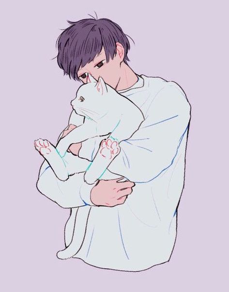 Here is a man holding a cat ouo)_ Holding A Cat, A Drawing, A Cat, A Man, Anime