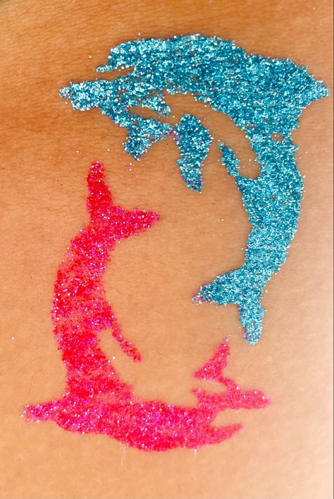 Blue And Pink Tattoo, Pink Dolphin Tattoo, Dolphin Tattoo, Dolphins Tattoo, Blue Dolphin, Sarah Cameron, Summer Tattoo, Pink Dolphin, Glitter Tattoo