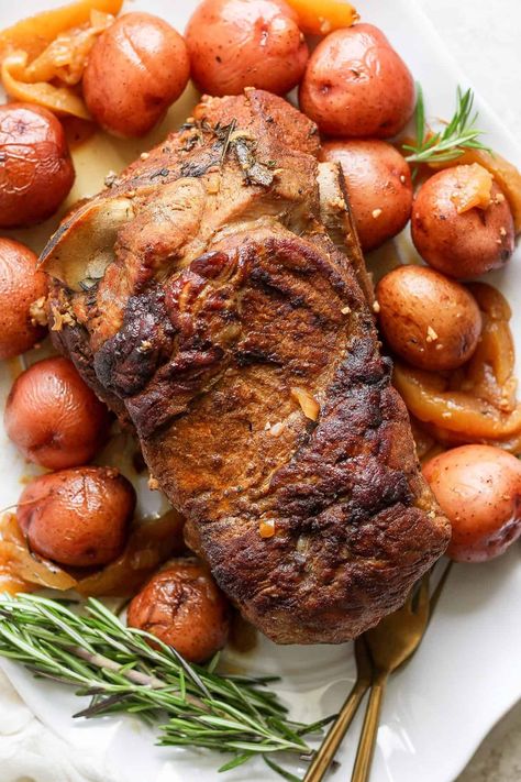 Apple Cider Braised Pork Shoulder - Fit Foodie Finds Pork Shoulder Roast In Oven, Pork Shoulder Oven, Slow Cooker Cider, Apple Cider Braised Pork, Cider Braised Pork, Apple Cider Sauce, Apple Cider Pork, Braised Pork Shoulder, Pork Shoulder Recipes