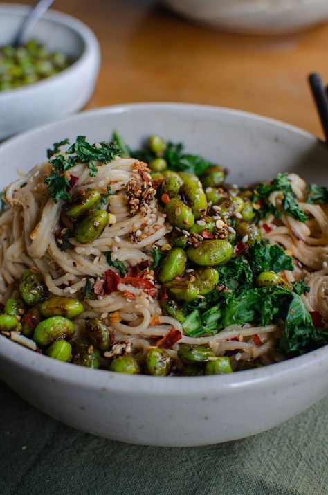 Edamame Noodles, Spicy Edamame, Edamame Pasta, Roasted Edamame, Spicy Peanut Noodles, Peanut Noodles, Spicy Peanuts, Warm Food, Peanut Sauce