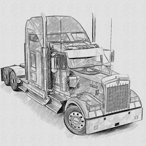 Kenworth Tractor Cab RH FRT Semi Truck Drawing, Trucker Tattoo, Dad Memorial Tattoo, Truck Drawing, Dinosaur Sketch, Automotive Illustration, Bike Illustration, Drawing Ideas List, Wooden Garage