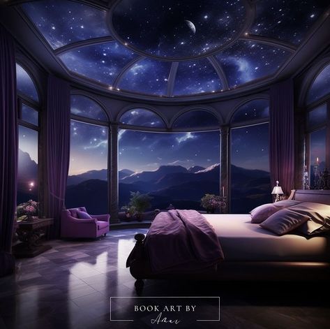 Moon Castle Aesthetic, Acotar River House, Rhysand House, Night Court Bedroom, Night Court Aesthetic, The House Of Wind, Court Aesthetic, House Of Wind, Lake House Bedroom