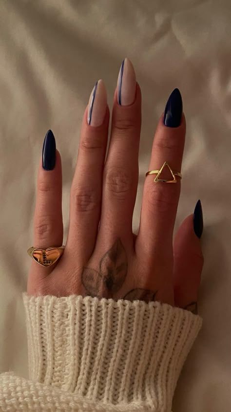 Navy Tips Nails Almond, Stripe Design Nails, January Coffin Nails, Triangle Nail Design, Blue Nails Inspo Aesthetic, Subtle Acrylic Nails, Nail Ideas Indie, Nails With Cool Designs, Light Blue Nails Winter