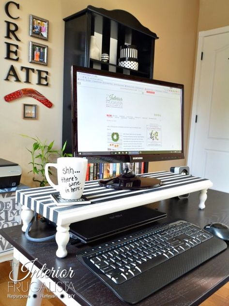 DIY Ideas for Your Computer - DIY Computer Monitor Stand - Cool Desk, Home Office, Bulletin Boards and Tech Projects for Kids, Awesome Tips and Tricks for Your Laptop and Desktop, Best Shortcuts and Neat Ways To Make Your Computer Even Better With Productivity Tips http://diyjoy.com/diy-ideas-computer Computer Desk With Monitor Shelf, Using Tv As Computer Monitor, Diy Office Desk Organization, Diy Desk Shelf Riser, Diy Laptop Riser, Diy Dual Monitor Stand, Diy Desk Riser, Diy Office Furniture, Diy Monitor Riser