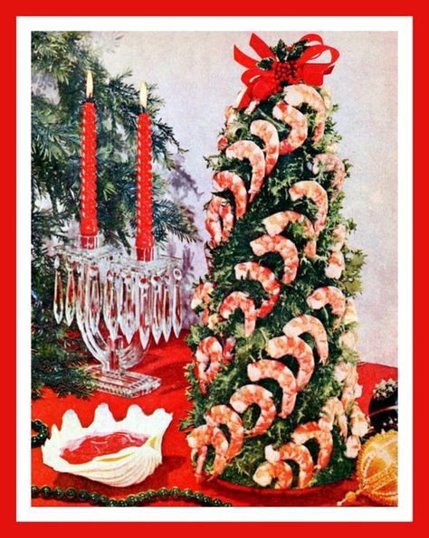 The kitschy, the bad and the ugly: 18 vintage Christmas party appetizers you don't see much anymore - #retrofood #vintagefood #vintagerecipes #appetizers #christmasappetizers #uglyfood #uglyretrofood #retrochristmas #vintageappetizers #retrosnacks #retrorecipes #clickamericana Holiday Orderves, Shrimp Tree, Christmas Shrimp, Tree Appetizer, Vintage Christmas Party, Christmas Party Ideas For Teens, Scary Food, 70s Christmas, Christmas Dinners