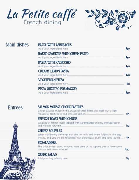 Modern minimalist French cafe menu template and background French Menu Template, French Food Menu Design, French Restaurant Menu Design, French Cafe Menu Design, Ratatouille Wedding, French Menu Ideas, French Menu Design, French Cafe Aesthetic, French Restaurant Menu