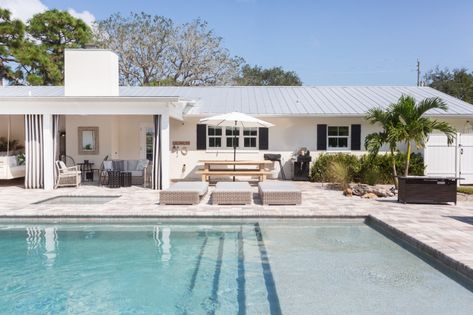 Pool With Large Sun Shelf, Florida Pool Patio Ideas, Pool With Sun Deck, Pool With Sun Shelf, Pool Sun Shelf, Outdoorsy Design, Pool Deck Pavers, Grey Pool, Deck Pavers