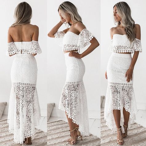 Our All Dressed In White Lace Tube Top Backless Pencil Skirt Two-Piece Dress Set is available in S-XL. This dress could make for the perfect beach wedding dress or on a tropical vacation! Crop Top Wedding Dress, Lace Tube Top, Long Pencil Skirt, Crop Tops Online, Women Lace Dress, Rock Outfit, Bridal Separates, Backless Crop Top, Lace Bandeau