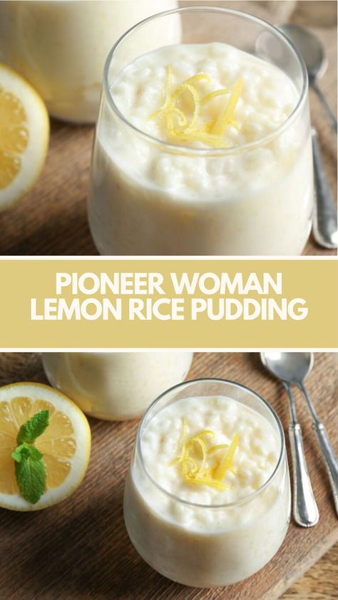 Pioneer Woman’s Lemon Rice Pudding is made with grain white rice, sweetened condensed milk, heavy cream, salted butter, kosher salt, vanilla extract, egg, lemon zest, and juice, and takes just 40 minutes to be ready! Lemon Rice Pudding, Pioneer Woman Desserts, Pioneer Kitchen, Rice Pudding Recipes, Lemon Rice, Pioneer Woman Recipes, Rice Pudding, Sweetened Condensed Milk, White Rice