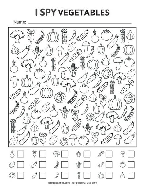 Free Printable I Spy Vegetables I Spy Fruits And Vegetables, Vegetables Worksheets For Kids, I Spy Numbers, Vegetables Activities, Food Worksheet, Spy Games For Kids, Printable Games For Kids, Easter Arts And Crafts, I Spy Games