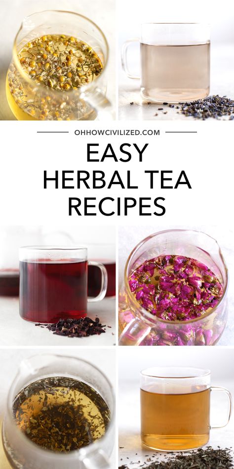 This herbal tea guide from Oh, How Civilized is perfect for making the best herbal tea recipes. This step-by-step guide for brewing these easy herbal tea recipes is just what you need for the perfect cup of tea every time. From hibiscus to chamomile, you are sure to find an herbal tea recipe you will love. #tea #tearecipe #herbaltea #teatime #teaguide Herbal Tea Recipes Homemade, Healing Tea Recipes, Herbal Tea Recipes, Homemade Tea Recipes, Hot Tea Recipes, Tea Blends Recipes, Herbal Tea Garden, Herbal Tea Benefits, Tea Remedies