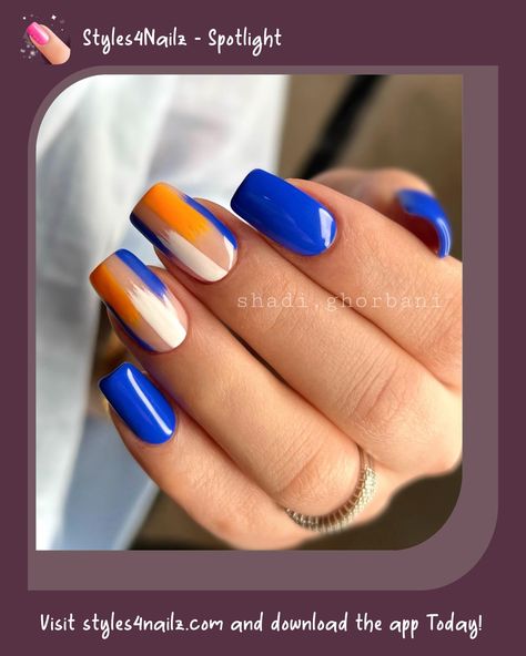 Follow @styles4nailz for more! Download the FREE app now! #nailstagram #nailsofinstagram #nailsofig #nails #rednails #lanails #atlantanails #nailswow #nailsminsk #nailsmaster #yellownails #nailswatch #dopenails #nails2020 #nailsartist #trendynails #nailsoftoday #nails4yummies #holidaynails #nailsofinstagram💅 #fibernails #jaxnails #nailsday #nailslviv #nailsspa #nailsnude #nailspty #nailsaddicts #nailstyle_official #biosculpturenails Blue Orange And White Nails, Blue And White Nails Short, Orange And Blue Nails, Jamaica Nails, Bio Sculpture Nails, Tiger Nails, Blue And White Nails, Blue Nail Art, Nail Style