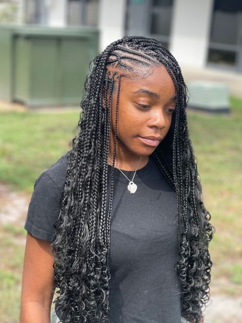 Boho Flip Over Braids, Versatile Tribals With Knotless Braids, Half Up Half Down Fulani Braids, Boho Fulani Braids With Curls, Big Fulani Braids, Zig Zag Fulani Braids, Funali Braids, Flip Over Fulani Braids, Bhaddie Hairstyle