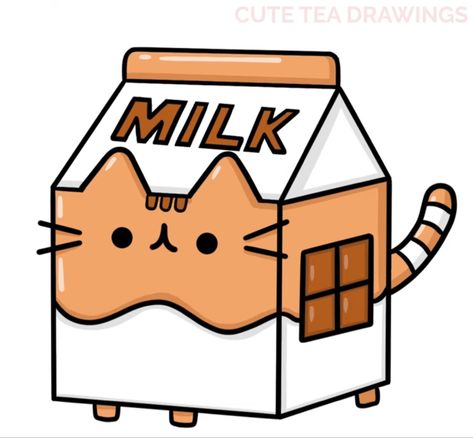 Milk Carton Cartoon, Cute Milk Carton Drawing, Cat To Draw, Milk Carton Drawing, Chocolate Milk Carton, Lil Drawings, Milk Cat, Cute Pictures To Draw, Katt Grejer