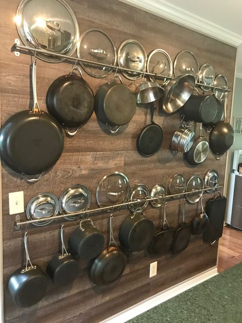 Hanging Pots And Pans On Wall Diy, Wall Mounted Pot Rack Ideas, Hanging Pots And Pans On Wall, Pot And Pan Wall, Pot And Pan Organization, Skillet Wall, Tiny Dining Rooms, Pan Wall, Kitchen Wall Storage