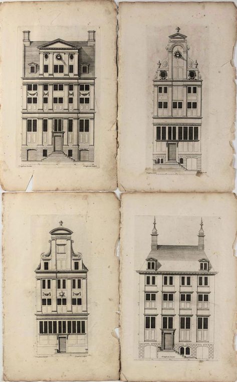 FOUR DUTCH ARCHITECTURAL ENGRAVINGS DEPICTING FACADES OF CANAL HOUSES | BY J. VINGBOONS, AMSTERDAM, MID 17TH CENTURY | Books & Manuscripts, Netherlands | Christie's Dutch Canal Houses, 16th Century Architecture, Gingerbread Sign, Amsterdam Architecture, 17th Century House, 18th Century House, Dutch Architecture, Building Inspiration, Dutch House