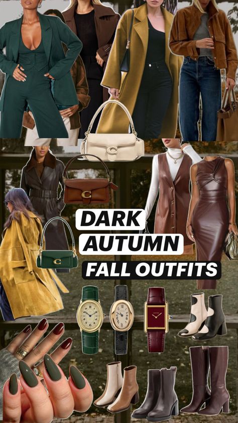 loving these emerald green, mustard yellow, and espresso brown colors, perfect for #darkautumn #deepautumn color analysis girlies… #fallaesthetic #fallvibes #spookyseason #autumnweather #fallweather #autumnoutfitideas #falloutfitideas #leatherskirt #mustardyellowcoat #brownleathercoat Deep Autumn Outfits, Mustard Yellow Coat, Autumn Deep, Brown Leather Coat, Deep Autumn, Dark Autumn, Espresso Brown, Brown Outfit, Trendy Fall Outfits