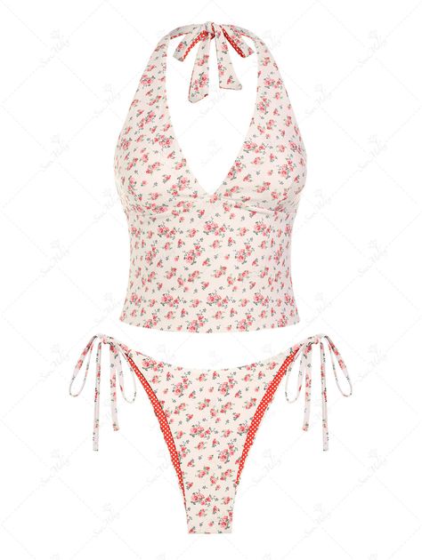 Seamolly Double-Sided Ditsy Floral And Polka Dots Printed Halter Tie S Old Money Bathing Suits, My Wishlist Ideas, Bathing Suits Aesthetic, Cute Swimming Suits, Cute Two Piece Swimsuit, Modest Swimsuits For Women, Modest Bikinis, Trendy Tankini, Cute Tankinis