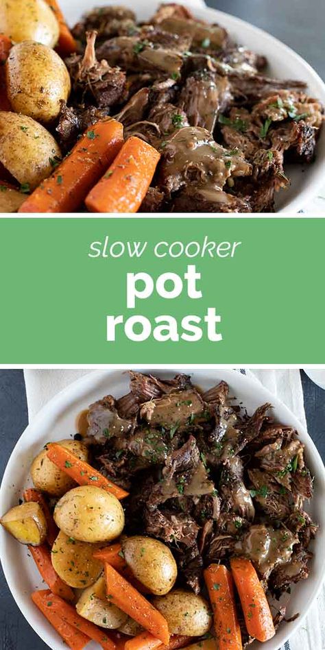 Sunday supper has never been so delicious! This Slow Cooker Pot Roast gives you perfectly tender beef, tasty (not mushy!) vegetables, and the most delicious gravy ever. Crock Pot Roast, Slow Cooker Pot Roast Recipes, Slow Cooker Pot Roast, Cooking A Roast, Meat Recipes For Dinner, Slow Cooker Roast, Crockpot Roast, Pot Roast Slow Cooker, Pot Roast Recipes