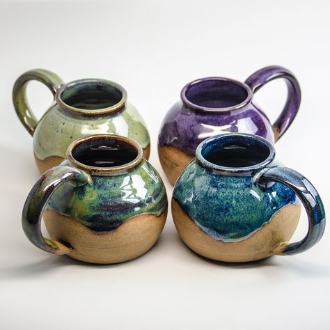 Chub Stoneware Mugs   **Timeframe** This item is made to order - ships in 6-8 weeks Available fully glazed upon request - add a note when ordering.  **Description** Our unique green handmade mugs are the perfect gift for the coffee or tea lover in your life!  The northwoods color is a highly variable multi-toned green with blue and brown undertones. **Process** Mugs are thrown on the pottery wheel from stoneware clay. After a period of drying, a hand-pulled handle is added. The bottom is smoothe Pottery Texture, Mayco Glaze, Handmade Mugs, Green With Blue, Ceramics Ideas, Pottery Glazes, Pottery Crafts, Pottery Cups, Ceramics Pottery Art