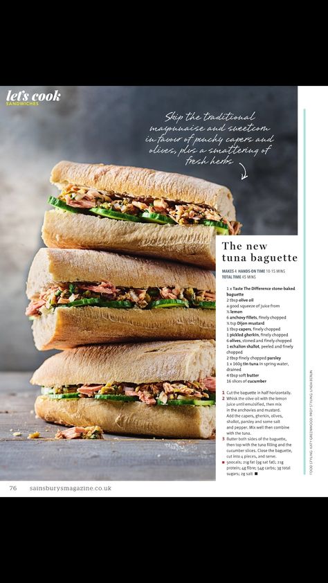 The new tuna baguette Tuna Baguette, Fish And Seafood, Salmon Burgers, Fresh Herbs, Seafood Recipes, Seafood, Sandwiches, Lemon, Herbs