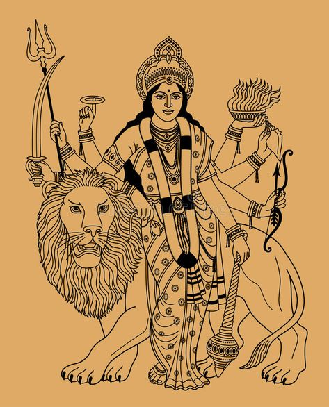 Illustration about Hindu goddess Durga with a lion on a beige background. Illustration of animal, lion, india - 25892650 Lion Sketch, Lion Drawing, Durga Painting, Goddess Tattoo, Indian God, Indian Goddess, Beautiful Art Paintings, Goddess Artwork, Shiva Shakti