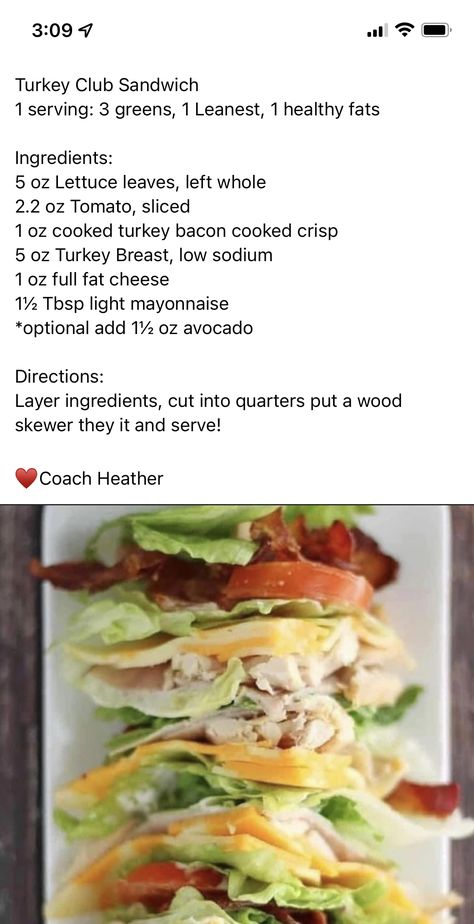 Club Sandwich Ingredients, Turkey Club Sandwich, Cooking Turkey Bacon, Optavia Meals, Lean Protein Meals, Lean And Green, Leftover Chicken Recipes, Green Meals, Lean Meals