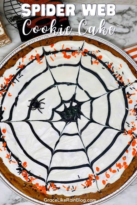 Spider Web Cookie Cake - Grace Like Rain Blog Spiderweb Cookie Cake, Spider Cookie Cake, Spider Chocolate Chip Cookies, Spider Web Cookie Cake, Spider Web Cookies Decorated, Cookie Cake Halloween, Halloween Cookie Cake, Spider Cookies Halloween, Halloween Chocolate Chip Cookies