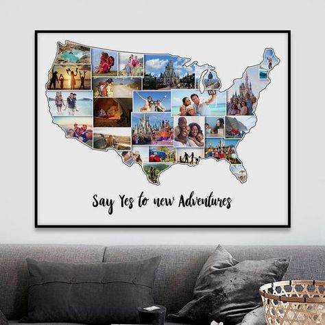 Adventure Gifts, Travel Poster, Travel Map Personalized, Photo Map Usa, Usa Map Wall Art, Friends Gi Collage Gifts, Picture Arrangements, Birthday Photo Collage, Travel Collage, Photo Collage Gift, Birthday Collage, Birthday Gift Photo, Frame Ideas, Friends Gifts