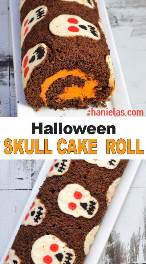 Chocolate and Mint Cream Cheese Skull Cake Roll for Halloween. Surprise your guests with this fun and delicious cake roll. Recipe and video! Halloween Baking Championship Recipes, Halloween Cake Roll, Halloween Roll Cake, Goth Bakery, Goth Baking, Patterned Cake Roll, Halloween Deserts Recipes, Halloween Bakes, Spooky Foods