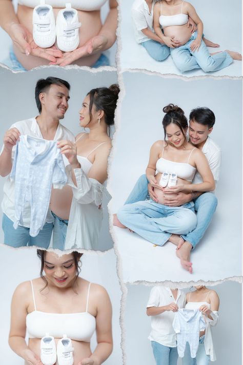 Studio photoshoot maternity denim simple white background Maternity White Backdrop, Maternity Simple Photo Shoot, White Background Maternity Photos, Denim Pregnancy Photoshoot, Denim Maternity Shoot Pregnancy Photos, Simple Maternity Shoot, Maturity Shoot, Mom Daughter Photos, Maternity Shoot Outfit