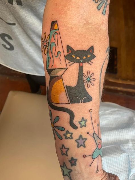 Mid Century Modern Tattoo, Mid Century Tattoo, American Traditional Tattoo Ideas, Traditional Tattoo Ideas, Mcm Style, Aries Tattoo, Cat Tattoo Designs, Cat Ideas, American Tattoos