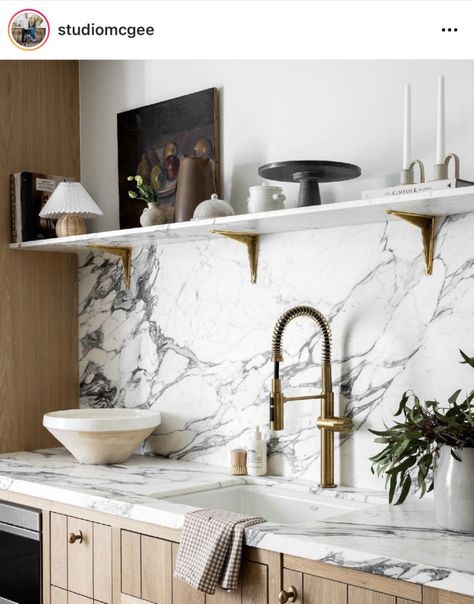 Kitchenette Design, The Mcgee Home, Basement Kitchenette, Patterned Tea Towels, Mcgee Home, Marble Shelf, Calacatta Marble, Mcgee & Co, Mini Kitchen