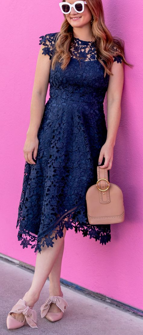 Eliza J Navy Asymmetrical Lace Dress Navy Blue Lace Dress Outfit, Navy Lace Dress Outfit, Blue Lace Dress Outfit, Parisa Wang, Guipure Lace Dress, Lace Dress Outfit, Blush Lace Dress, Lake Style, Navy Blue Lace Dress