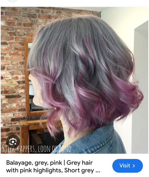 Grey Hair With Pink Streaks, Pink On Grey Hair, Grey Hair Pink Highlights, Gray Hair With Pink Highlights, Gray Hair With Pink, Highlights On Grey Hair, Grey And Pink Hair, Grey Hair With Pink Highlights, Pink And Grey Hair