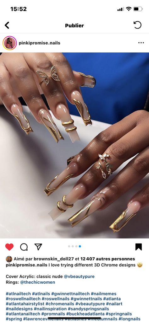 Dramatic Nails Acrylic, Gold French Tip, Gold Acrylic Nails, Curved Nails, Vision Board Photos, Black Curves, Girls Nails, Gold Nails, Gold Charm