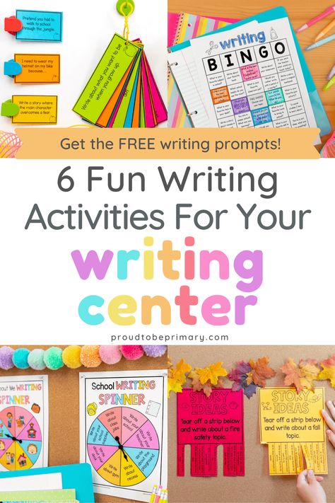 Try these 6 fun and engaging writing activities in your primary (kindergarten, first grade, second grade) education writing centers this school year. Students will love the various writing tasks because they are simple, fun, and relate to their personal lives in and out of the classroom. Choose from back-to-school, fall topics, and more topics for the entire school year! Grab a free sample of writing activity mats with prompts, conventions checklist, and picture word lists. 2nd Grade Writing Center Activities, Writing Activities For Elementary Students, Creative Writing Primary School, Writing For 2nd Grade Free Printable, How To Teach Writing In Second Grade, Fun Writing Activities For 1st Grade, Second Grade Writing Activities, Writing Center 2nd Grade, 2nd Grade Writing Activities