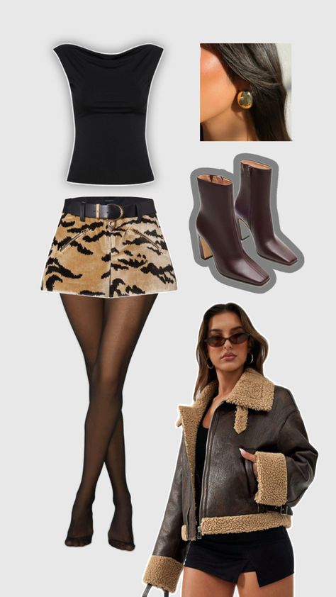 An outfit idea for Fall season or any season of the year. Espresso color vibes with leather and shearling jacket, espresso tights, brown skirt and black top with a cherry red bag and gold statement earrings. Timeless and fashionable. Martini Outfit, Style Inspiration Women, Espresso Martinis, Fall Is Here, Espresso Martini, Fur Jacket, Fall Season, Women's Style, Get Inspired