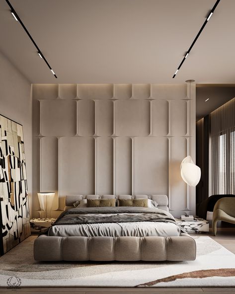 This calm bedroom design combines neutral tones with modern luxury. The textured wall panels add depth, while the comfortable bed and simple décor show calm elegance. Ideal for people who enjoy a combination of comfort and style.

#BedroomGoals #ModernDesign #NeutralInteriors #bedroomDesign #bedroomInterior #homeDecor #homeInterior #ModernInterior #ModernBedroom  #ContemporaryBedroom #homeBedroomRefresh Bedroom Wall Cladding, Modern Bedroom Design Master Luxury, Calm Bedroom Design, Panel Design Ideas, Small Modern Bedroom, Wall Cladding Designs, Builder Floor, Accent Wall Bathroom, Bedroom Design Luxury