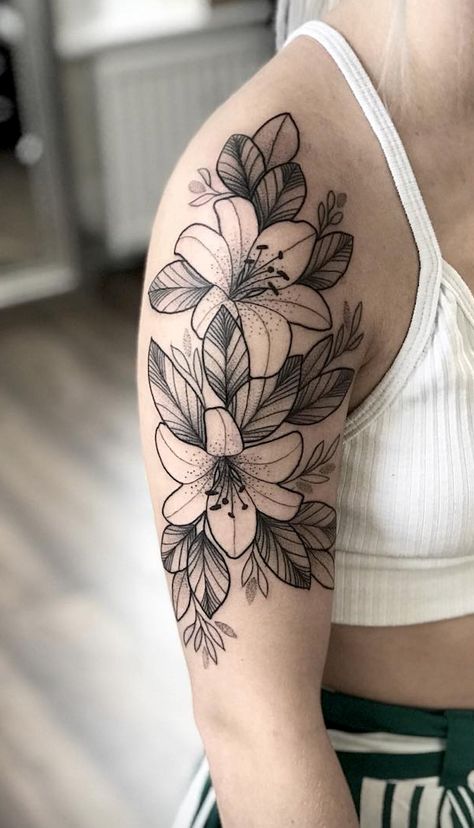 Lillies Tattoo, Sunflower Tattoo Shoulder, Orchid Tattoo, Flower Wrist Tattoos, Shape Tattoo, Flower Tattoo Shoulder, Floral Tattoo Sleeve, Lily Tattoo, Shoulder Tattoos For Women