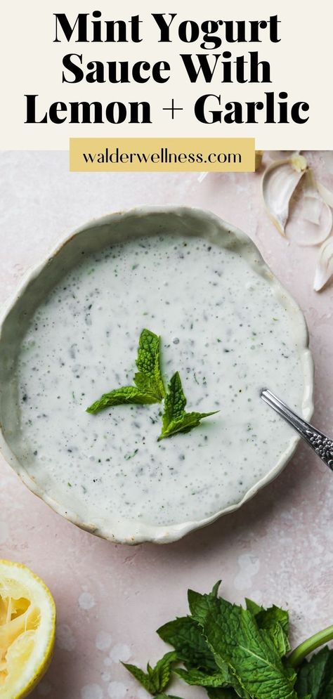 This mint yogurt sauce recipe is only 6 simple ingredients (including salt + pepper) and is so quick to make! You can pair it with a variety of dishes – from roasted veggies to proteins, like salmon or chicken. Enjoy! Mint Recipes Fresh, Yogurt Sauce Recipe, Mint Yogurt Sauce, Greek Sauce, Greek Yogurt Sauce, Mint Yogurt, Yogurt Chicken, Sauce For Salmon, Healthy Yogurt