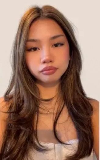 Chunky Highlights Korean, Asian Haircuts Long Hair, Haircut Inspo Side Part, Long Hair With Long Layers Face Framing, Asian Chestnut Brown Hair, Haircuts For Long Shaped Face, Light Brown Hair For Asian Women, Hair Dye For Latinas, Haircut Layers Face Framing