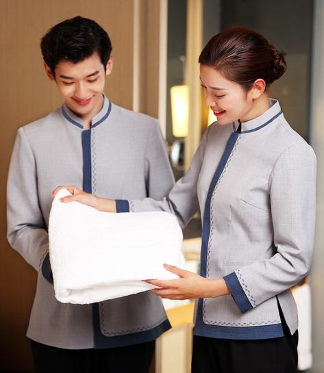 Hotel Staff Uniform Receptionist, Front Office Uniform, Nursing Scrubs Outfits, Front Desk Hotel, Uniform Hotel, Chef Clothing, Cafe Uniform, Housekeeping Uniform, Uniform Clothes