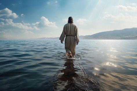 Foto jesus andando na água com o sol bri... | Premium Photo #Freepik #photo #divindade #fe #religioso #catolicismo Worship Backgrounds, Worship Quotes, Pictures Of Christ, Jesus Photo, Prophetic Art, Bible Pictures, Jesus Face, Jesus Wallpaper, Christian Pictures