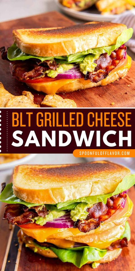 Elevate a traditional BLT sandwich by adding creamy cheese, guacamole and chipotle mayo. This BLT grilled cheese sandwich is hearty, filling and delicious! Grilled Cheese Blt Sandwich, Grilled Blt Sandwich, Loaded Blt Sandwich, The Best Blt Sandwiches, Blt Recipes Sandwiches, Fancy Blt Sandwich Recipes, Blt Ideas, Blt Grilled Cheese Sandwich, Boat Lunch