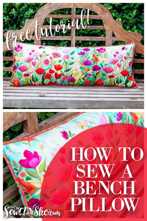 How to Sew a Bench Pillow - free bench cushion sewing tutorial! {with piping} | She Sews! | Bloglovin’ Sewing Piping, Pillow Sewing, Quilted Pillows, Window Bench, Bench Pillow, Quilt Display, Postage Stamp Quilt, Christmas Sewing Projects, Pillow Embroidery