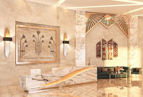 Hotel Reception on Behance Boho Living Room Coffee Tables, Modern Islamic Interior, Hotel Suite Design, Egypt Design, Interior Design Layout, Egyptian Design, Art Deco Inspiration, Interior Design Sketches, Hotel Reception