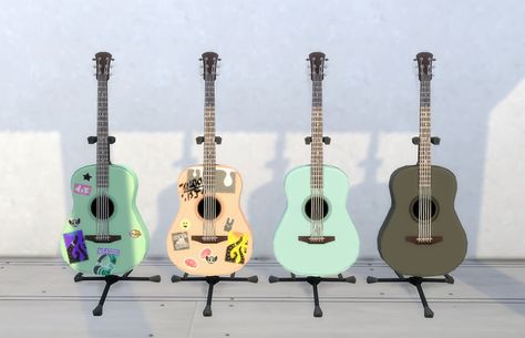 Colourful Stickered Acoustic Guitars Sims 4 Cc Guitar, Sims 4 Instruments Cc, Sims 4 Guitar Case, Sims 4 Cc Functional Instruments, Sims 4 Cc Guitar Decor, Die Sims 4, Sims 4 Traits, Sims 4 Clutter, The Sims 4 Packs