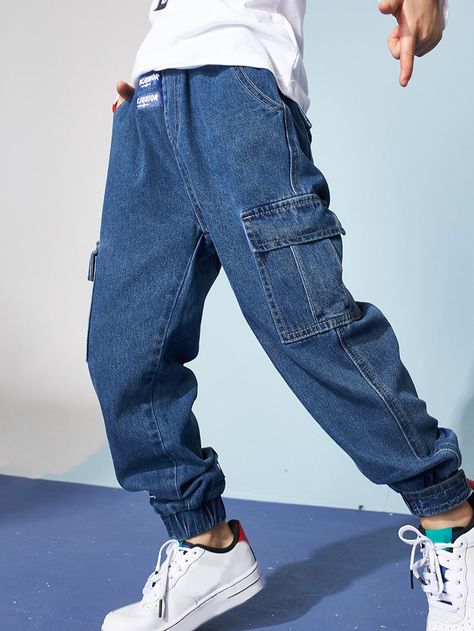 Dark Wash    Denim Letter Tapered/Carrot Embellished Slight Stretch  Boys Clothing Boys Jeans Outfit, Mon Jeans, All Denim Outfits, Boy Jeans Outfit, Boys School Outfits, Jeans For Boys, Korean Jeans, Funky Pants, Types Of Jeans