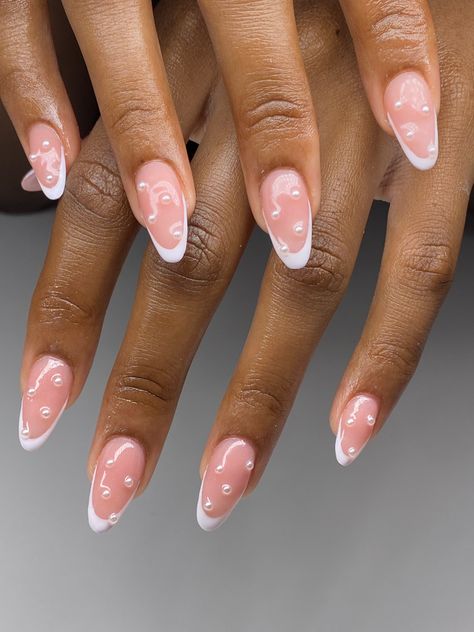 French Manicure With Pearls, Pearl Prom Nails, Pearl Color Nails, Almond Nails With Pearls, Almond Pearl Nails, Nail Designs With Pearls, Pearls On Nails, Pearl Almond Nails, Nails With Pearls On Them